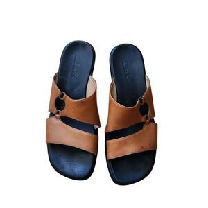 Clarks Tan Leather Slide Sandals Women Brown Low Wedge Comfort Strappy Shoes 10M